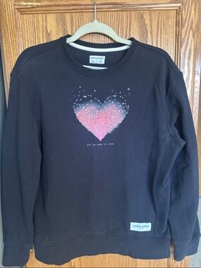 Life Is Good Women’s  Black Sweatshirt with Pink Heart Graphic